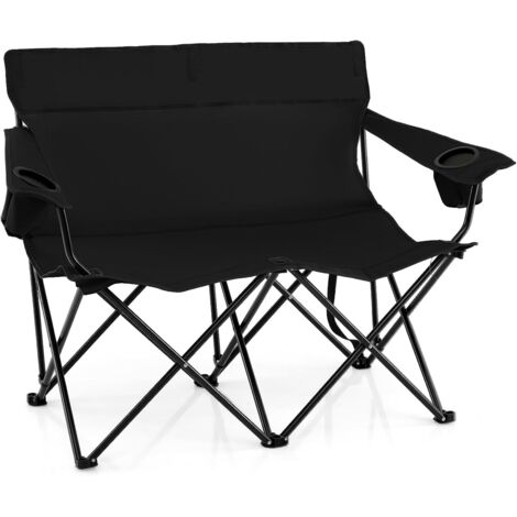 GOPLUS Chaise de Camping 2 Places, avec Dossier Confortable, Accoudoirs avec Poches Latérales, Chaise Pliable avec Sac de Rangement, Idéale pour Fête en Plein Air, Voyage, Plage (Noir) (1/5)