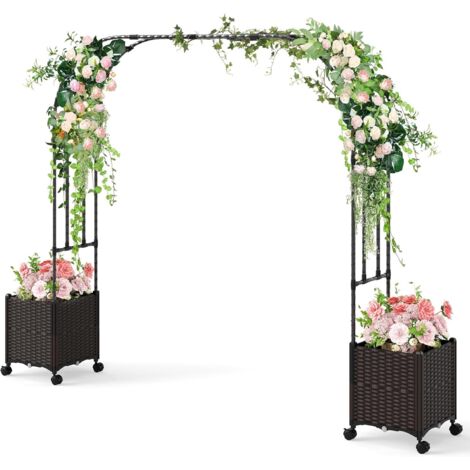 GOPLUS Arche de Jardin avec 2 Jardinières Surélevées, Roues Verrouillables, Jardinières avec Treillis Arqué pour Plantes Grimpantes Fleurs Herbes Légumes Fruits (288x40x202CM)