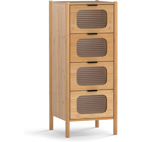 Goplus – Commode en bambou naturel à 4 tiroirs – Verre trempé cannelé – Poignées en métal noir – Dimensions 40×40×97cm – Rangement élégant pour chambre et salon (1/5)