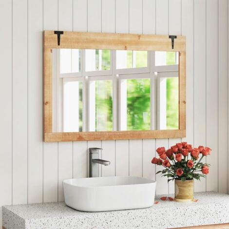 Goplus – Miroir mural rectangulaire 97 x 67 cm – Cadre en bois de sapin rustique – Suspension verticale/horizontale – Surface miroir claire pour chambre, salon, salle de bain (1/5)