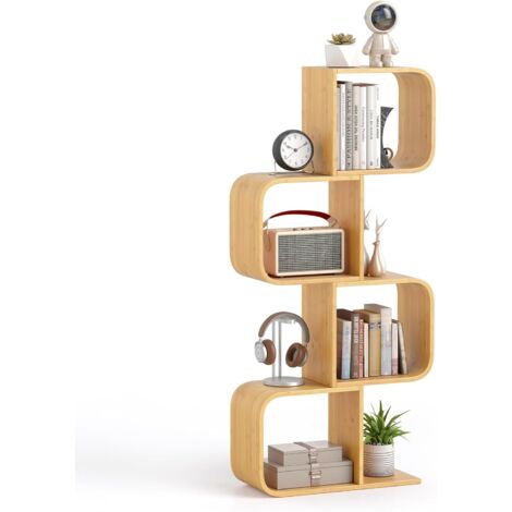 GOPLUS Bibliothèque en Forme de S en Bambou, 4 Niveaux avec Cubes Ouverts, Kits Anti-Basculement, Bibliothèque Etagère de Rangement pour Salon, Chambre, Bureau, Naturel (4 Cubes) (1/5)