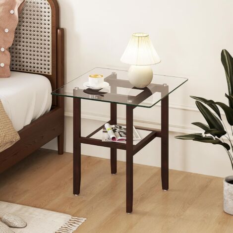 GOPLUS Table Basse en Verre Trempé, Table de Salon Rectangulaire à 2 Niveaux avec Étagère de Rangement, Vitré Style Moderne avec Pieds en Bois Massif, Charge 80+25KG (61x61x62CM) (1/5)