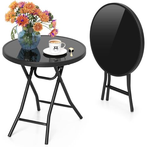 GOPLUS Table d'Appoint Exterieur Plateau en Verre, Table Jardin Balcon Pliante Système de Verrouillage, Meuble de Patio Style Élégant, Charge 50kg, 46 x 48 CM (Noir) (1/5)