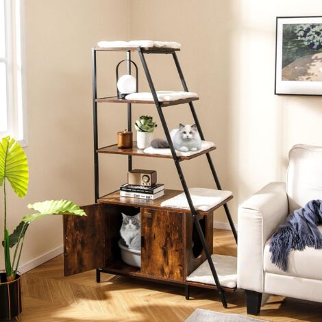 Goplus – Arbre à chat bibliothèque 5 niveaux – Cadre métallique avec coussins lavables – Armoire pour toilette cachée 92,5x49x149cm – Marron