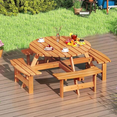 GOPLUS Table Pique-Nique Extérieur 8 Personnes, Table à Manger Jardin Ronde pour Patio avec 4 Bancs Intégrés, Trou Parasol 5 cm, pour Jardin, Terrasse, Parc, Charge 100+250KG4 (Jaune)