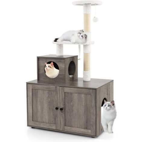 GOPLUS Arbre à Chat avec Meuble Litière pour Chat, Coussin, Balle Suspendue, Niche, Griffoir en Sisal, Style Industriel, 77,5 x 49 x 132cm (Blanc, Non Included bac à litière) (Gris) (1/5)