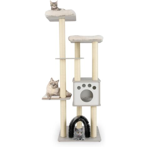 GOPLUS Arbre a Chat Intérieur de 176 CM avec Arche Auto-Toilettage, Arbre a Chat XXL en Peluche Moderne à 6 Niveaux avec Condo à 2 Portes, Perchoir Double, Poteaux en Sisal, Centre d'Activité (Gris) (1/5)