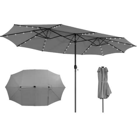 GOPLUS Parasol de Jardin Exterieur avec 48 Lumières LED, Parasol Double Extérieur avec Manivelle, Abri Solaire avec Events, Grand Parasol H.2,5M pour Terrasse, Blacon, Piscine, Pied Requis (Gris)
