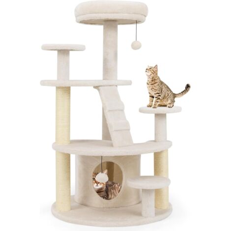 GOPLUS Arbre a Chat à Plusieurs Niveaux, Arbre à Chat avec Surface en Peluche, Niche Confortable, Poteau en Jute, Escalier, Balle Suspendue, Plateforme, Lit Supérieur, Idéal pour d’Intérieur (Blanc)
