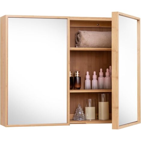 GOPLUS Meuble Salle de Bain avec 2 Porte et Miroir, Armoire Salle de Bain en Bambou, 3 Compartiment Large et 2 Etagères Réglables, Vis d'Expansion, Miroir Mural pour WC, Entrée, Naturel (1/5)