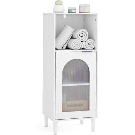 GOPLUS GOLUS Armoire de Salle de Bain, Meuble de Rangment Cuisine avec Étagère Réglable, Porte Verre Cannelée, 1 Compartiment Ouvert, Meuble Polyvalent pour Entrée, 35 x 30 x 90 cm, Blanc (1/5)