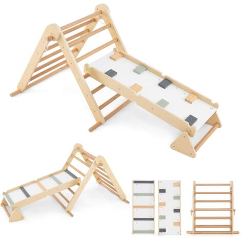 GOPLUS 4 en 1 Triangle d'escalade Montesorri pour Enfants, Parcours Motricité Montesorri Bois Pliable et Réglable sur 3 Niveaux et Rampe à Double Face, pour Enfants de 3 Ans +, 50 KG Max.