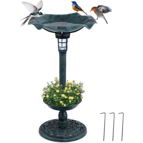 GOPLUS Mangeoire Oiseaux Exterieur avec Lumière Solaire, Abreuvoir d'oiseaux Hauteur 76 CM et Mangeoire avec Bol en Feuille, Jardinière avec Trou de Drainage, Décoratif Autoportant pour Terrasse (1/5)
