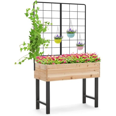 GOPLUS Carré Potager sur Pieds en Bois de Sapin avec Treillis, Jardinière Surélevée avec Treillis pour Plantes Grimpantes avec Étagère Porte-Outils, pour Terrasse, Patio et Balcon, Naturel (1/5)