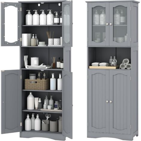 GOPLUS Armoire de Rangement Haute, Meuble Rangement de Salle de Bain avec Portes en Verre Trempé, Etagères Réglables, 2/3 Compartiments Ouverts, pour Salle de Bain, Cuisine (60x30x164cm,Gris) (1/4)