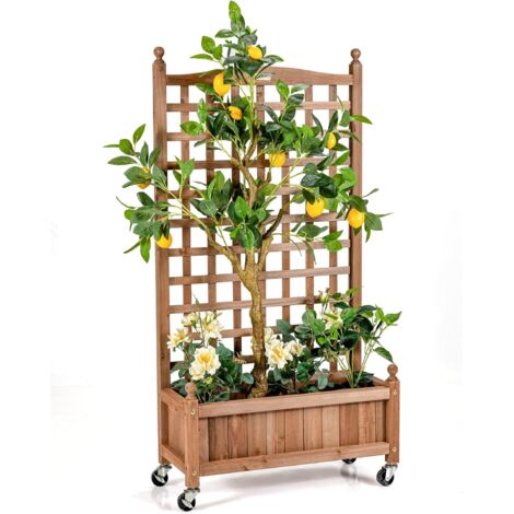 Goplus – Jardinière surélevée en bois de sapin avec treillis et roues – Trous de drainage pour plantes grimpantes – Dimensions 64x28x127cm – Capacité 30kg (1/5)