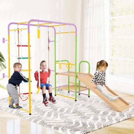 GOPLUS 6 en 1 Structure Escalade Enfants, Gymnase Montessori d'Intérieur avec Mur d'escalade, Barres,Echelle, Corde à Grimper, Anneaux, Balançoire, Toboggan et Grimpeur, pour Enfants de 3+ Ans (1/5)