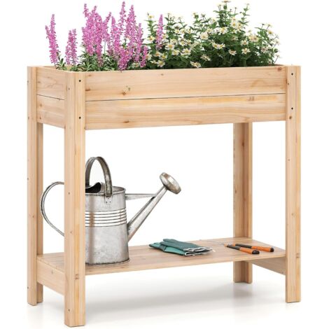 GOPLUS Jardinières Exterieur Surélevée en Bois, Carre Potager avec Étagère de Rangement Inférieur, Lit de Jardin en Hauteur, Base à Lattes, Peinture DIY, pour Extérieur et Intérieur, Jardin et Balcon (1/5)