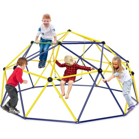 GOPLUS Dôme d'escalade Enfants avec Balançoire, Charge Maximale 360 KG, Aire de Jeu avc Cadre en Métal, pour Intérieur & Extérieur, pour Enfants de 3 à 10 Ans, 305 x 305 x 156 cm (Bleu-Jaune)