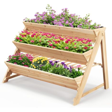 GOPLUS Jardinieres Exterieur de Jardin à 3 Niveaux, Jardiniere Balcon Surélevée en Bois en Forme de A, Potager Surélevé d'Extérieur, 2 Crochets Latéraux, Doublure en Tissu, pour Fleur, Légume, Fruit