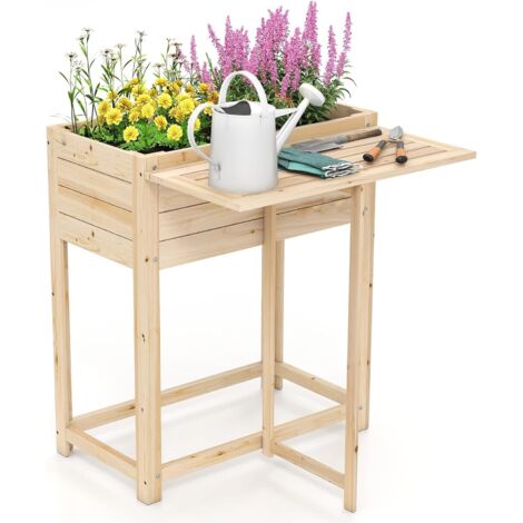 GOPLUS Carre Potager Surélevé en Bois avec Trou de Drainage, 63 x 67 x 74 CM, Jardinière avec Tablette Pliante, Charge 30KG, pour Fleurs, Légumes, Herbes, Intérieur et Extérieur, Cour, Balcon, Naturel (1/5)