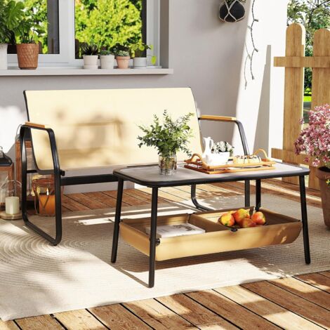 GOPLUS Canapé Jardin Exterieur avec Table Basser, Salon de Jardin Balcon Exterieur 2 Pesonnes Aspect Bois, Banc Jardin avec Table Appoint 2 Compartiments de Rangement, Intérieur, Charge 300 kg (1/5)