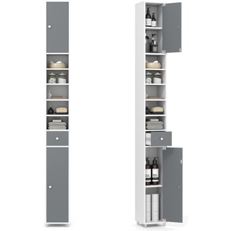GOPLUS Armoire de Salle de Bain Haut, avec 2 Portes, 1 Tiroir, 5 Étagères Réglables, Dispositif Anti-basculement, Meuble Colonne Rangement pour Petits Espaces, 20x20x180cm (Blanc+Gris) (1/5)