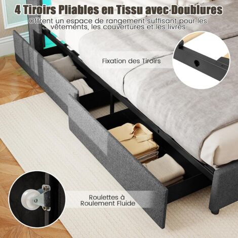 GOPLUS Lit LED Plateforme 140x200/160x200CM Couleur et Luminosité Réglables et Station de Charge, Cadre de Lit avec Musique, Minuterie, Télécommande Tête de Lit et 4 Tiroirs Rangement (160x200CM,Gris) (1/5)