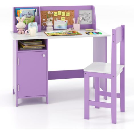 GOPLUS Bureau Enfant avec Chaise, Table d'Étude avec Tableau Blanc et Marqueur, Étagère, Armoire, Bureau Enfant 3+ Ans avec Rangement pour Maison, École, Charge 90/50KG (Violet) (1/5)
