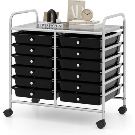 GOPLUS Chariot Rangement avec 12 Tiroirs Amovibles PP,Chariot à roulettes avec Roues Bloquantes et Poignées, Cadre en Métal pour Salon, Cuisine, Max. 10KGx6, 62,5 x 37 x 62,5CM (Noir) (1/5)