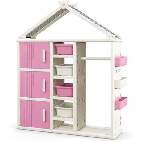 GOPLUS Armoire à Vêtements Enfant, Armoire de Rangement en Forme de Maison, avec Barre de Suspension, 3 Fentes Supérieures, 3 Paniers Réglables en Hauteur, pour Chambre d'enfant (Rose) (1/5)