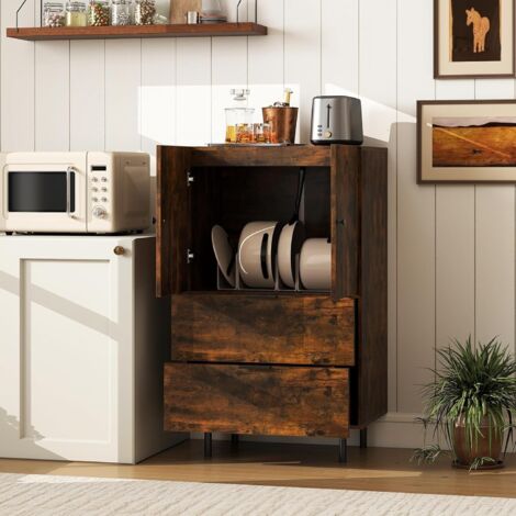 GOPLUS Commode Buffet, Armoire de Rangement avec 2 Tiroirs et Placard à Portes, Meuble Rangement Autoportant avec Pieds Métal Surélevés, pour Salon, Salle à Manger, Cuisine,60 x 41,5 x 102 CM (Marron) (1/5)
