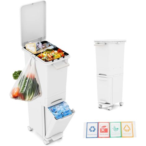 GOPLUS 3 en 1 Poubelle Cuisine sur Roulettes, Poubelle de Tri 32 L avec Couvercle et Tiroir de Rangement Pédale en Plastique pour Cuisine, Salle de Bain,36 x 25 x 84 cm,16+11+3 L (Blanc)