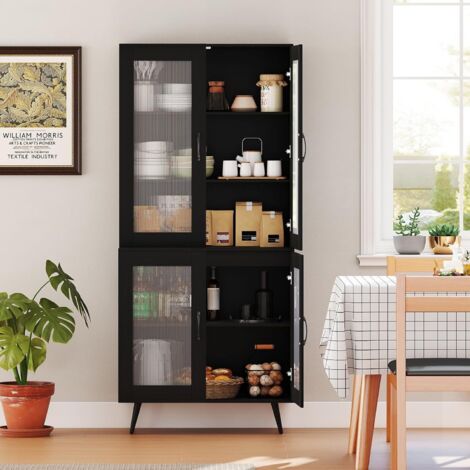 GOPLUS Buffet Haut Cuisine Salle a Manger, Armoire de Cuisine avec Portes Cannelées & Étagère Réglable, Placard Haute Moderne pour Salon, 80X40X178,5 CM (Noir) (1/5)