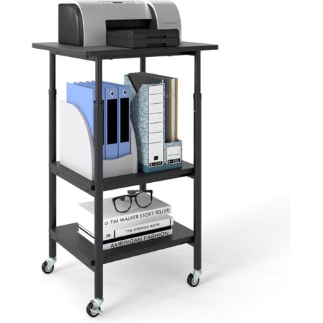 GOPLUS Support d'Imprimante 3 Niveaux 49×40×77 CM, Meuble Imprimante à roulettes Verrouillables avec 2 Hauteurs Réglables 65/77CM, Organisateur de Bureau Style Industriel Fax Scanner (Noir) (1/5)