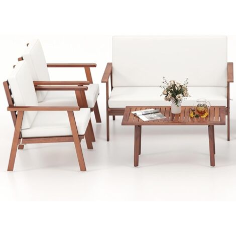 GOPLUS Salon de Jardin Exterieur 4/8 Personnes en Bois Acacia FSC, Canapé Jardin Balcona avec Table Basse, Fauteuil Bois, Siège Rembourré (4 Personnes,Blanc) (1/5)