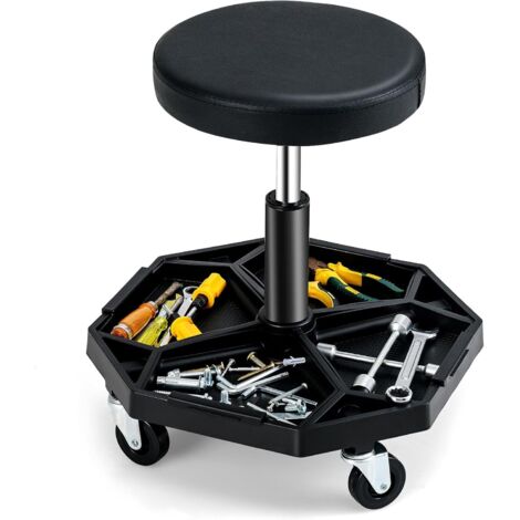 GOPLUS Tabouret d’Atelier avec 4 Roues Universelles, Haute Réglable, Tabouret Mécanique avec Rangement d’Outils, Siège Pivotant 360° pour Garage/Atelier, Charge 150 kg (Noir) (1/5)