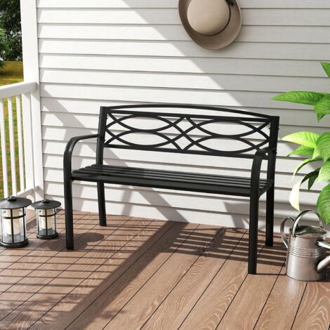 GOPLUS Banc de Jardin en Métal Robuste avec Dossier, Accoudoirs Incurvés, Banquette Jardin Siège à Lattes pour 2 Personnes, Charge 300KG, pour Piscine, Porche, Parc,116x49x83CM (1/5)