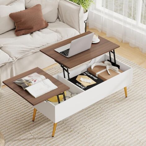 GOPLUS Table Basse Relevable avec Rangement, Table de Salon Plateau Relevable avec Compartiments Cachés et 2 Plateaux Relevables, pour Bureau,111 x 48 x 40-53,5 cm (Blanc+Noyer) (1/5)