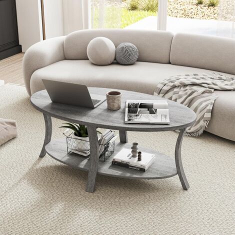 GOPLUS Table Basse Ovale Salon, Table de Salon en Bois de Caoutchouc avec Étagère de Rangement Ouverte, 2 Niveaux pour Bureau, Salle de Réception, Charge 160KG, 111 x 60,5 x 47 cm (Gris) (1/5)
