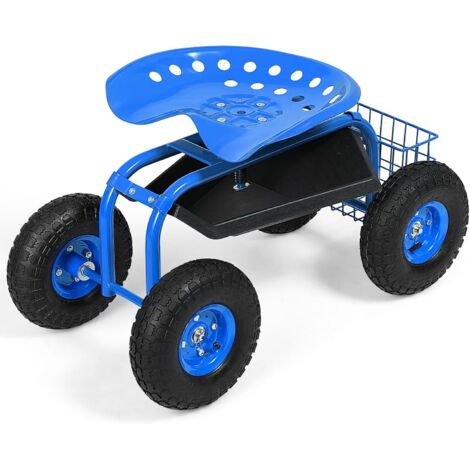 GOPLUS Siège de Jardin Roulant Pivotant à 360°, Panier de Rangement pour Outils, Tabouret et siège de Travail Extérieur, Hauteur Réglable, pour Jardinage et Plantation, Charge 150kg (Bleu) (1/5)