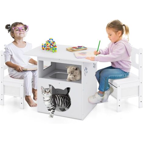 GOPLUS 2 en 1 Table Enfant 2 Chaise, Table d'Activités en Bois avec Maison pour Chats, Bureau Enfant avec Rangement 2 Tiroir en Tissu, Charge 75 KG pour 3+ Ans (1/5)