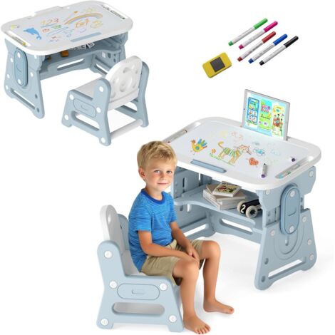 GOPLUS Table Enfant avec Chaise en HDPE, 4 en 1 Table de Dessin Hauteur Réglable, avec Tableau Blanc Inclinable, 5 Stylos et 1 Gomme, Bureau Enfant pour Maison Maternelle Garderie (Bleu)