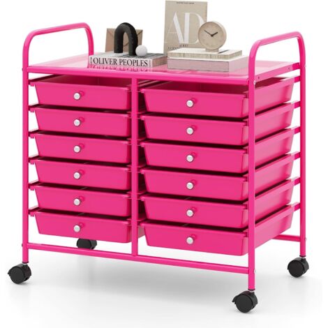 GOPLUS Chariot Rangement avec 12 Tiroirs Amovibles PP,Chariot à Roulettes avec Roues Bloquantes et Poignées, Cadre en Métal pour Salon, Cuisine, Max. 10KGx6, 62,5 x 37 x 62,5CM (Rose Vive) (1/5)