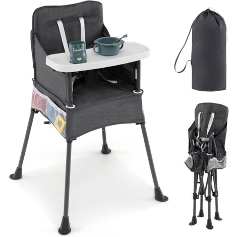 GOPLUS Chaise Haute Bébé Evolutive, Chaise Haute Bebe Pliante avec Plateau à 2 Positions, Harnais à 5 Points, Tissu Lavable, Poches de Rangement, Charge 15KG, pour Bébés 6-36 Mois