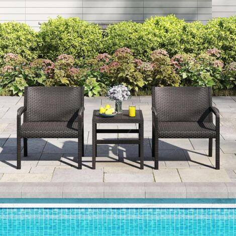 GOPLUS Salon de Jardin Exterieur 2 Personnes, Table avec 2 Chaises d'Extérieur, Salon de Balcon en Rotin Imité, Dossier Incliné, Renfort de Traverse, Facile à Installer,Charge 150 KG+30 KG (Noir) (1/5)
