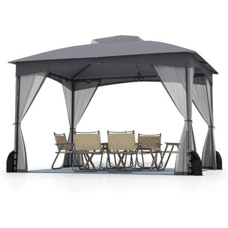 GOPLUS Tonnelle de Jardin Exterieur 3 x 3,6 m avec Moustiquaire, Lestage Poids, Pergola de Jardin Toit Double Ventilé, Piquets de Sol et 4 Sacs de Sable (3x3,6MGris) (1/5)
