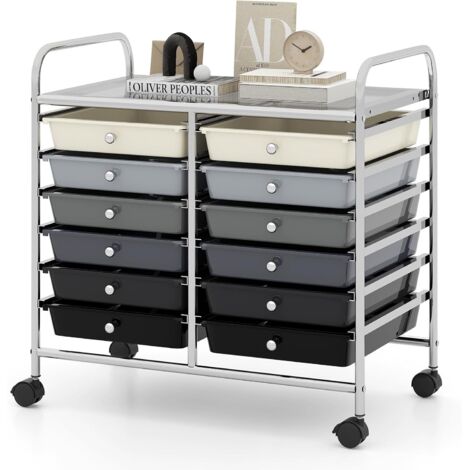 GOPLUS Chariot Rangement avec 12 Tiroirs Amovibles PP,Chariot à roulettes avec Roues Bloquantes et Poignées, Cadre en Métal pour Salon, Cuisine, Max. 10KGx6, 62,5 x 37 x 62,5CM (Blanc Noir) (1/5)