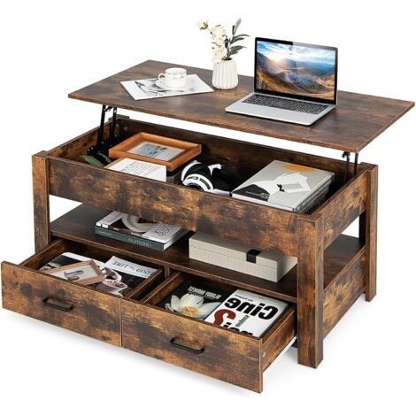 GOPLUS Table Basse Relevable avec 2 Tiroirs, Table Basse Salon avec Compartiment Caché, Plateau Relevable, 1 Etagere Ouverte, Salle de Réception, Appartement Charge 50KG 106x50x61CM… (1/5)