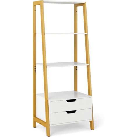 GOPLUS Bibliothèque Salon Chambre à 4 Niveaux avec 4 Étagères, 2 Tiroirs, Étagère à Échelle Autoportante avec Cadre en Métal, Étagère Moderne pour Salon, Chambre,52 x 39,5 x 134 cm (Blanc) (1/5)
